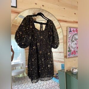 Nasty Gal balloon sleeve mini dress in black with golden stars ✨